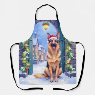 German Shepherd Snowy Town Gate Santa Christmas Apron