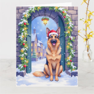 German Shepherd Snowy Town Gate Santa Christmas Card