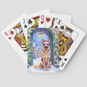 German Shepherd Snowy Town Gate Santa Christmas Playing Cards