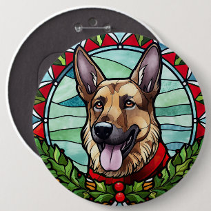 German Shepherd Stained Glass Christmas 6 Inch Round Button