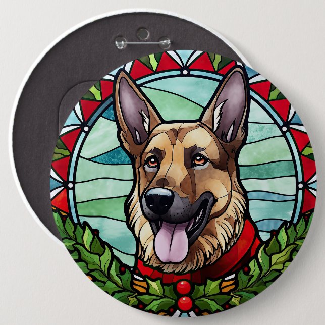 German Shepherd Stained Glass Christmas 6 Inch Round Button (Front & Back)