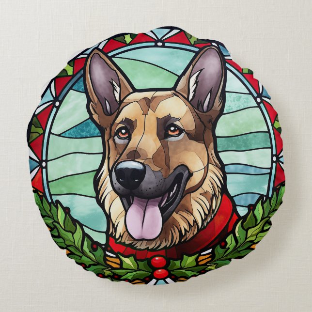 German Shepherd Stained Glass Christmas Round Pillow (Back)