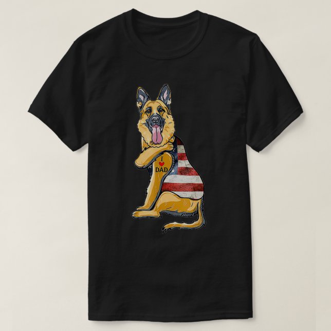 German Shepherd Tattoo Dog I Love Dad Fathers Day  T-Shirt (Design Front)