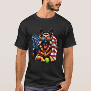 German Shepherd Tennis Lover American Flag Sunglas T-Shirt