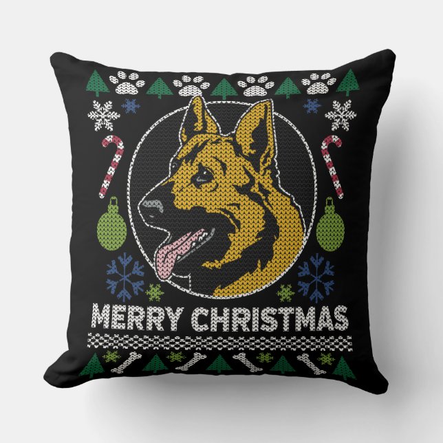 German Shepherd Ugly Christmas Sweater Dog Design Throw Pillow (Front)