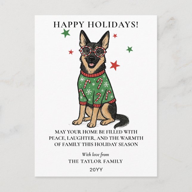 German Shepherd Ugly Sweater Candy Cane Glasses Holiday Postcard (Front)