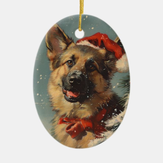 German shepherd vintage Christmas  Ceramic Ornament (Front)
