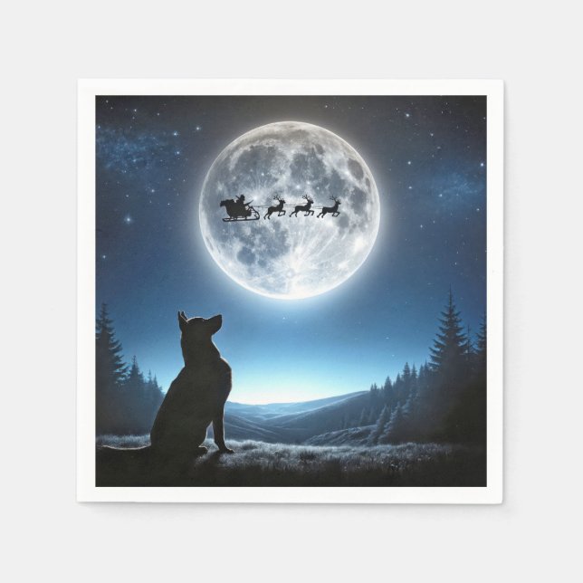 German Shepherd Watching Santa Claus and Reindeer Napkin (Front)
