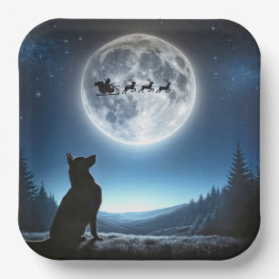 German Shepherd Watching Santa Claus and Reindeer Paper Plate