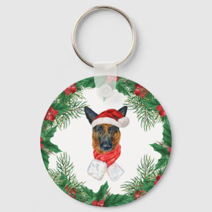 German Shepherd Watercolor Christmas Pine Branches Keychain