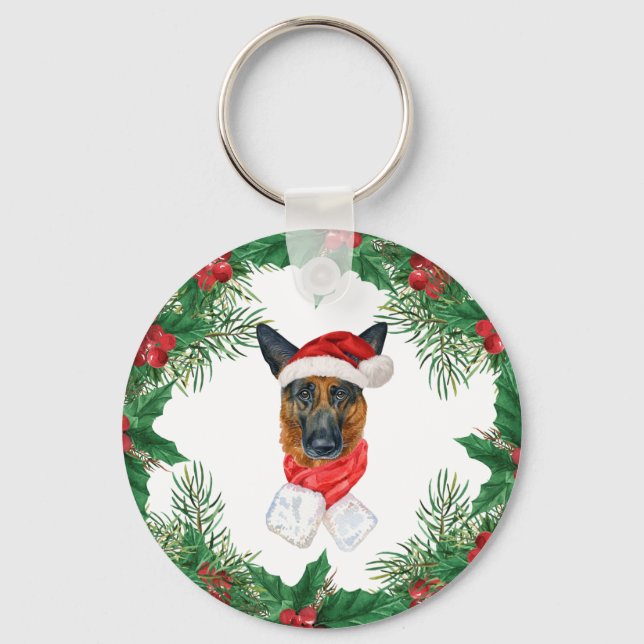 German Shepherd Watercolor Christmas Pine Branches Keychain (Front)