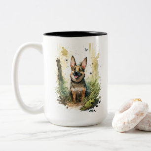 German Shepherd Watercolor Whimsical  Two-Tone Coffee Mug