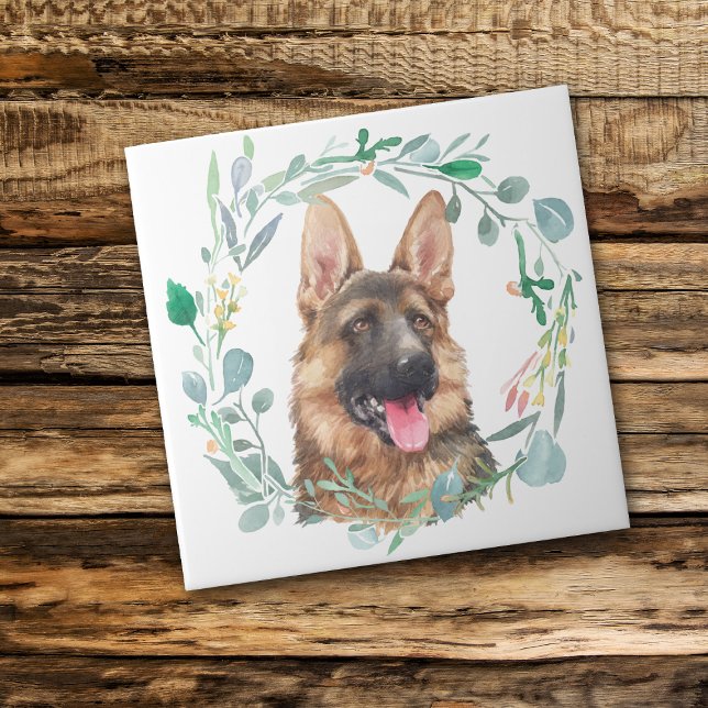 German Shepherd Watercolor Wreath Ceramic Tile (Creator Uploaded)