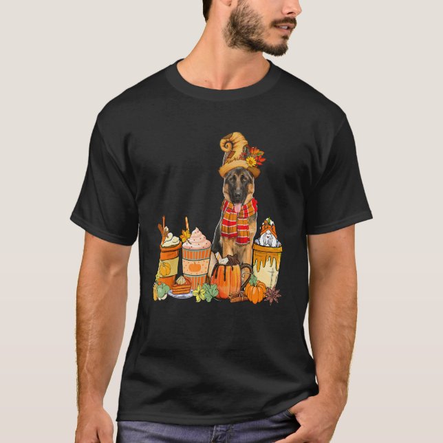 German Shepherd Wearing Hat With Coffee Cups Fall  T-Shirt (Front)