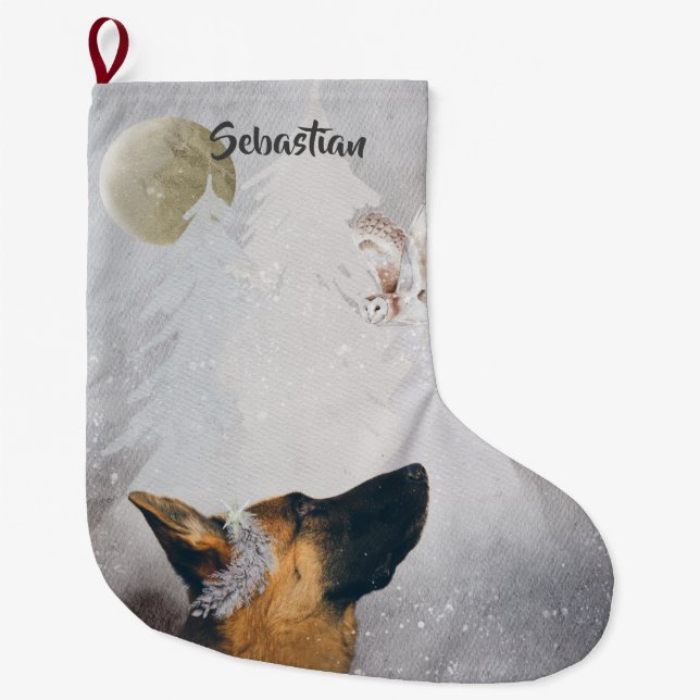 German Shepherd Winter Watercolor Holiday  Large Christmas Stocking (Front)