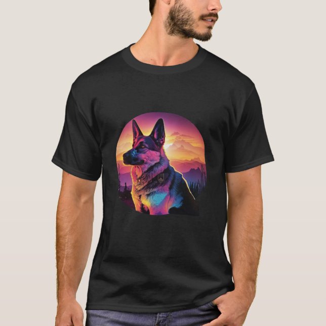 German Shepherd with a Nostalgic 80s Retrowave Aes T-Shirt (Front)