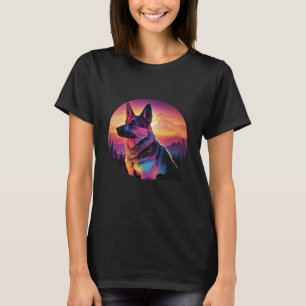 German Shepherd with a Nostalgic 80s Retrowave Aes T-Shirt