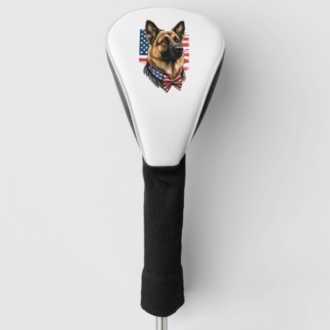 German Shepherd with American Flag  Golf Head Cover (Front)