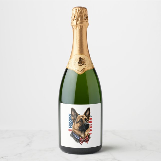 German Shepherd with American Flag  Sparkling Wine Label (Front)