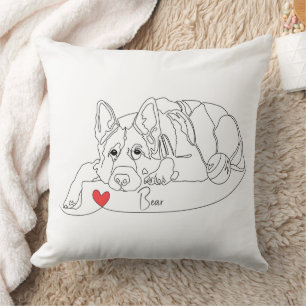 German Shepherd with Ball Line Art with Name Throw Pillow