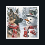 German Shepherd With Christmas Snowman Napkin<br><div class="desc">A German Shepherd wearing a red and white scarf stands beside a snowman with a top hat amidst a snowy landscape</div>