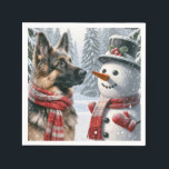 German Shepherd With Christmas Snowman Napkin<br><div class="desc">A German Shepherd wearing a red and white scarf stands beside a snowman with a top hat amidst a snowy landscape</div>