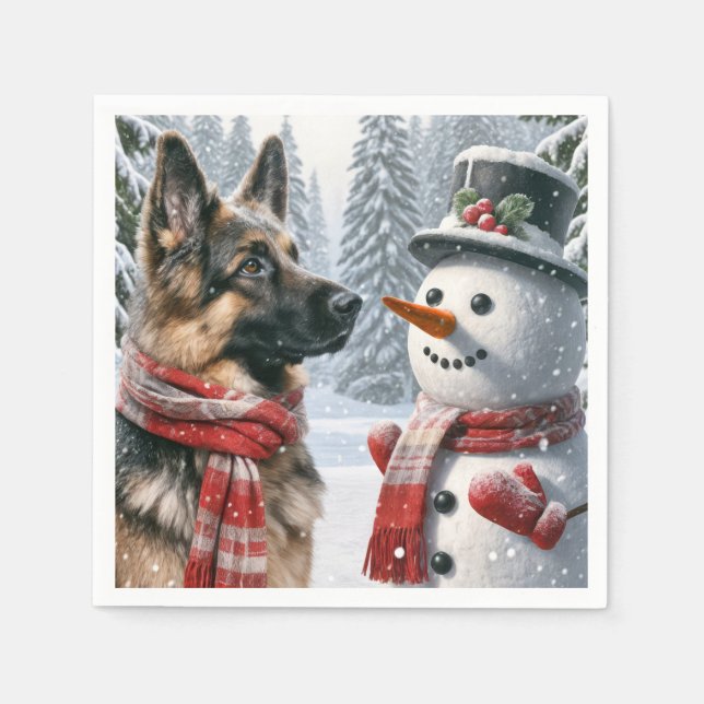 German Shepherd With Christmas Snowman Napkin (Front)