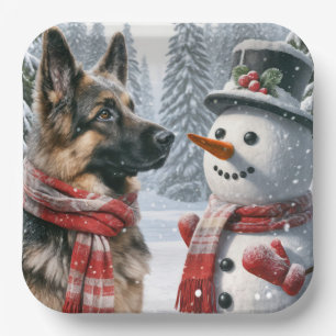 German Shepherd With Christmas Snowman Paper Plate