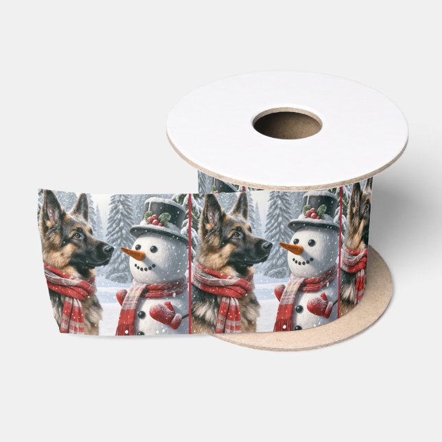 German Shepherd With Christmas Snowman Satin Ribbon (Spool)