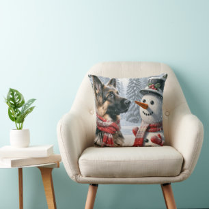 German Shepherd With Christmas Snowman Throw Pillow