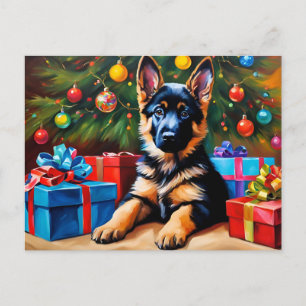 German Shepherd with Christmas Tree and Presents  Holiday Postcard