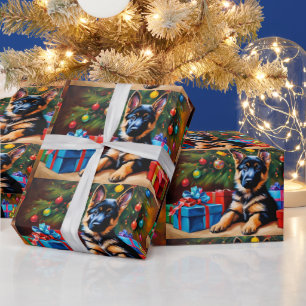 German Shepherd with Christmas Tree and Presents Wrapping Paper