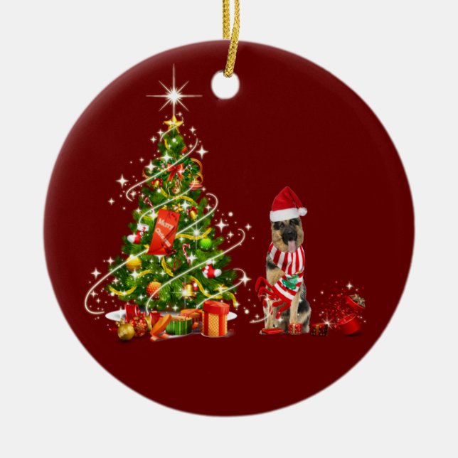 german shepherd With Hat Scaft Christmas Ceramic Ornament (Front)