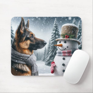 German Shepherd With Holiday Snowman Mouse Pad