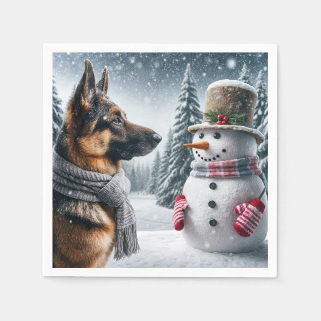 German Shepherd With Holiday Snowman Napkin (Front)