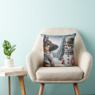 German Shepherd With Holiday Snowman Throw Pillow