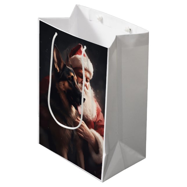 German Shepherd With Santa Claus Festive Christmas Medium Gift Bag (Front Angled)