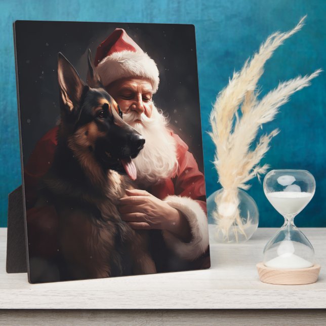 German Shepherd With Santa Claus Festive Christmas Plaque (Side)