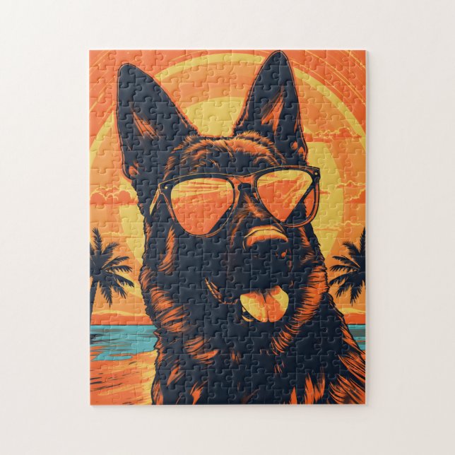 German Shepherd with sunglasses at a beach Jigsaw Puzzle (Vertical)