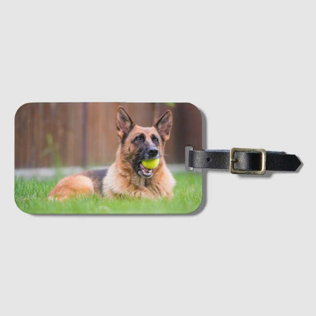 German Shepherd With Tennis Ball Luggage Tag (Front Horizontal)