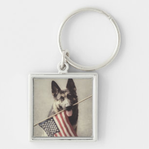 German Shepherd With US Flag Keychain