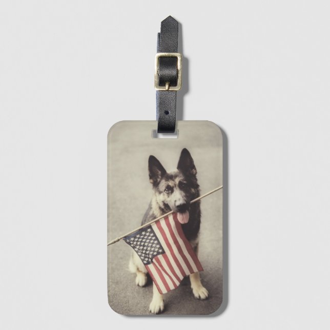 German Shepherd With US Flag Luggage Tag (Front Vertical)