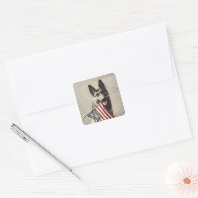German Shepherd With US Flag Square Sticker (Envelope)