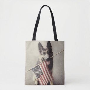 German Shepherd With US Flag Tote Bag