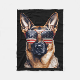 German Shepherd with USA Flag Independence Day 4th Fleece Blanket