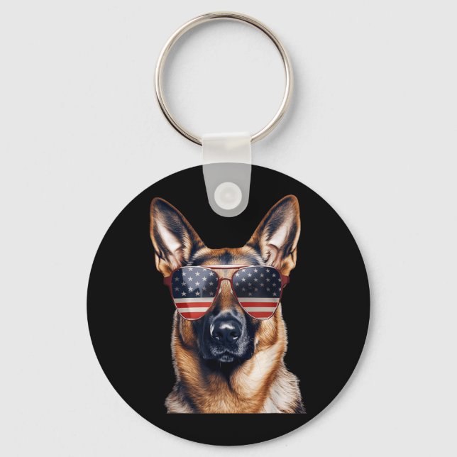 German Shepherd with USA Flag Independence Day 4th Keychain (Front)