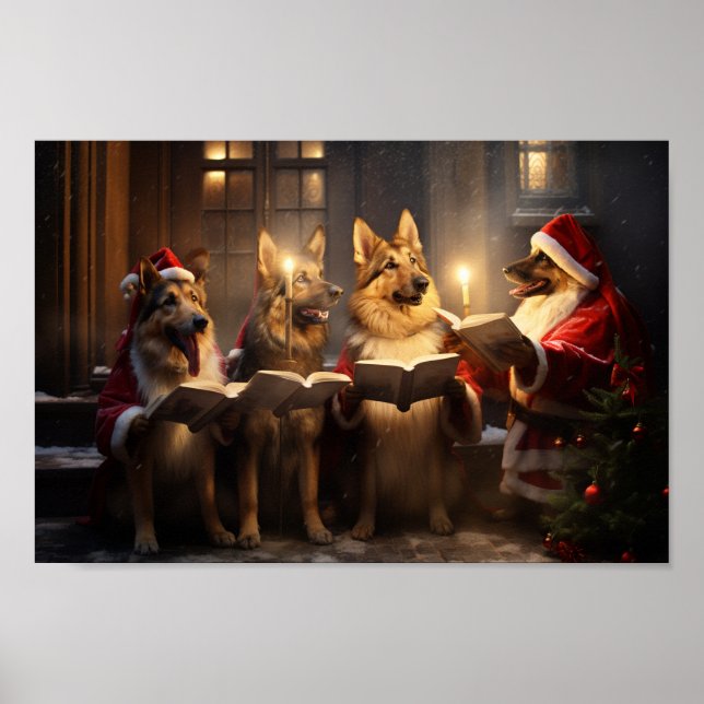German Shepherds Christmas Caroling Holiday Poster (Front)