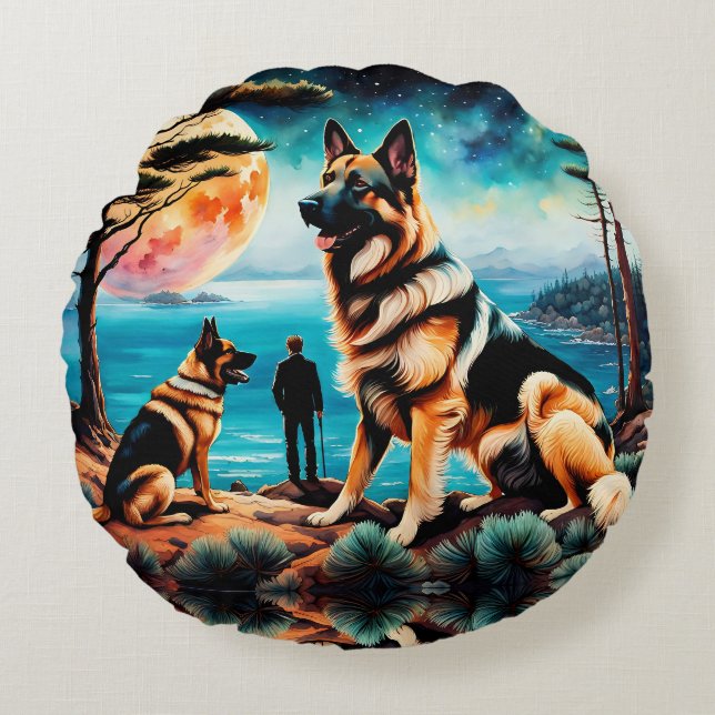 German Shepherds Hiking on Mountain Round Pillow (Front)