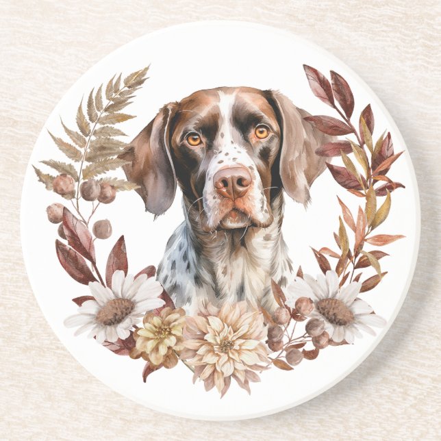 German Shorthaired Pointer Autumn Wreath Coaster (Front)