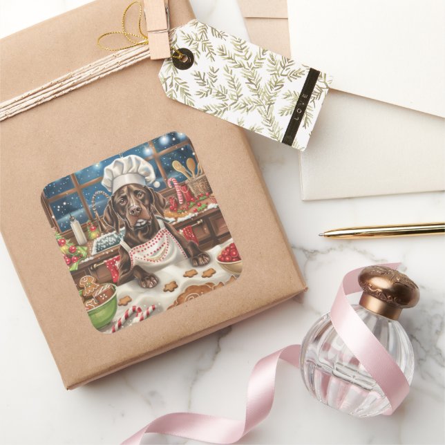 German Shorthaired Pointer Holiday Baking: Festive Square Sticker (Gifting)